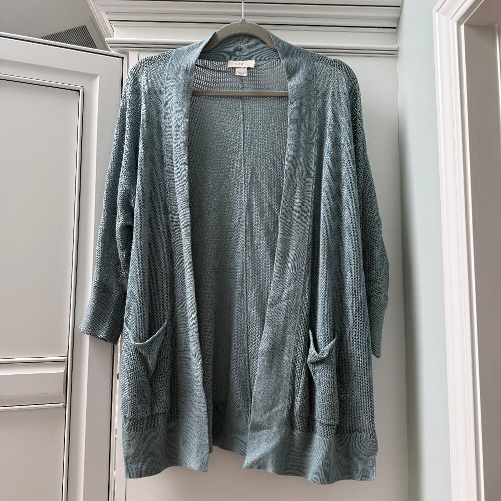 LOFT Open Front Slub Knit Cardigan | Soft Teal | Pockets | Size XS/S